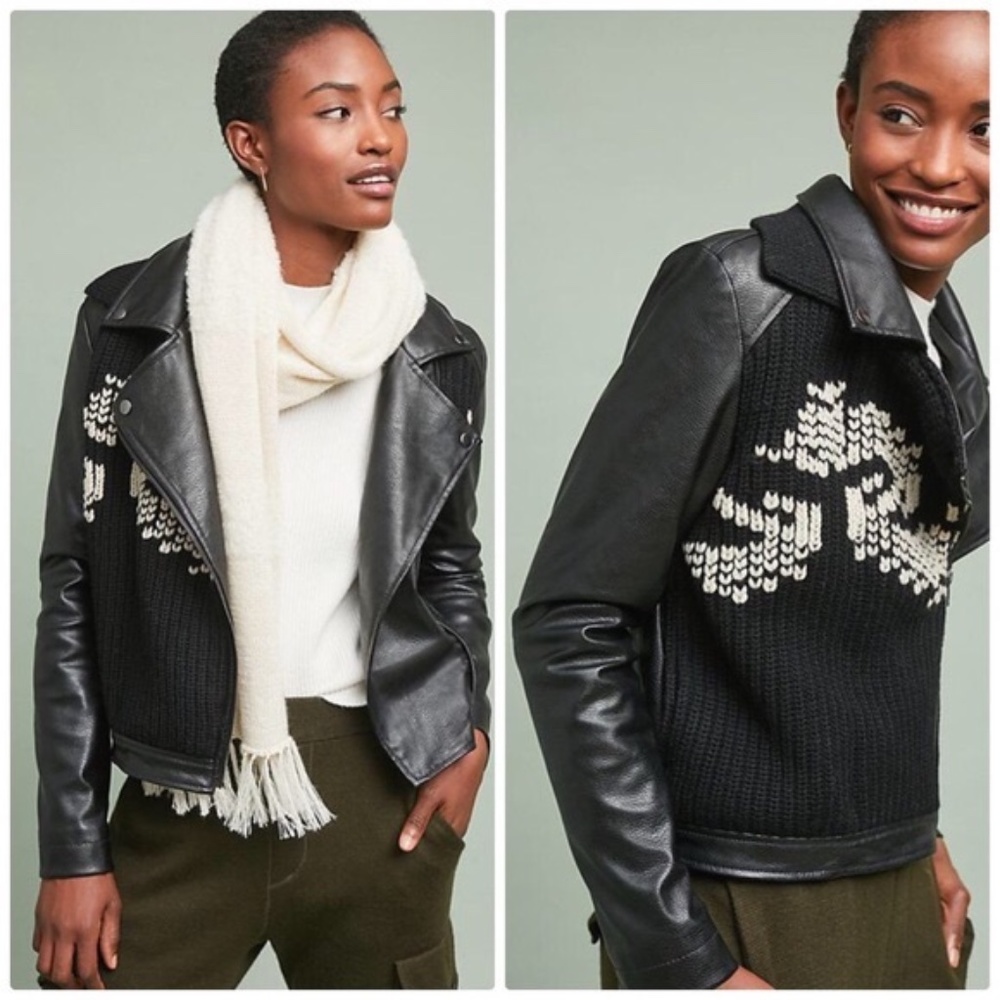 Anthropologie Black Ett:twa Sweater-trimmed Faux-leather Moto Jacket